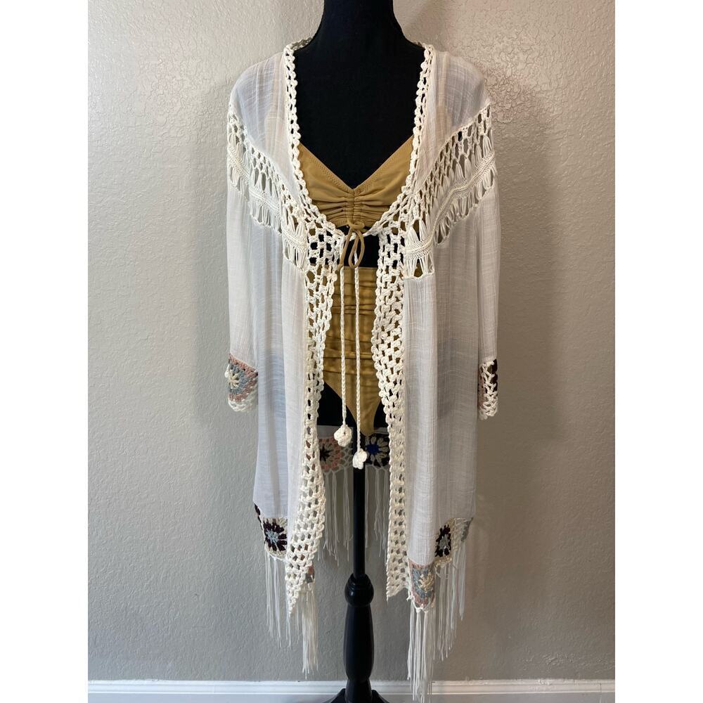 BATHING SUIT COVER-UP Embroidered Details & Fringe Women's Sz L White Boho Beach